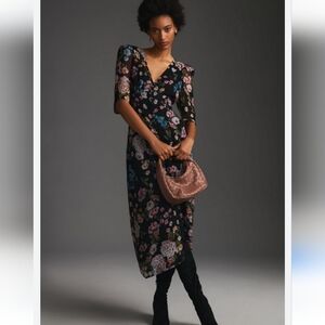 PRICE FIRM Anthropologie Maeve Black Floral Size 12 Puffed Sleeve Dress